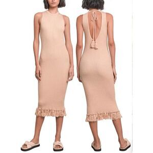 Eleven Six Talia Knit Fringe Tassel Hem Keyhole Midi Dress in Sand Size M NWT